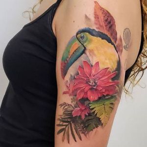 tatuaje tucan mujer brazo